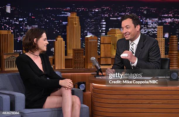 Actress Kristen Stewart is interviewed by Jimmy Fallon on "The Tonight Show Starring Jimmy Fallon" at Rockefeller Center on August 11, 2015 in New...