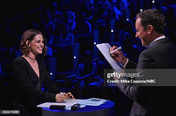 Actress Kristen Stewart and Jimmy Fallon play a game on "The Tonight Show Starring Jimmy Fallon" at Rockefeller Center on August 11, 2015 in New York...