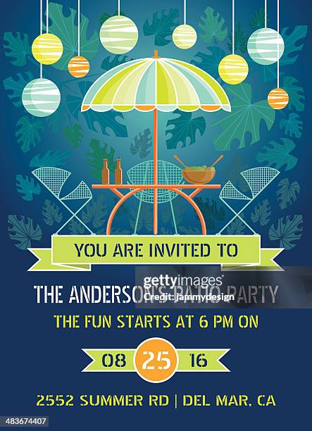 sommernacht die patio party - lampions stock-grafiken, -clipart, -cartoons und -symbole