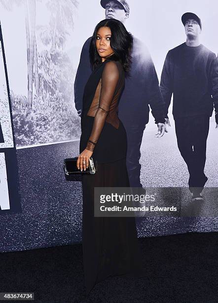 Actress Gabrielle Union arrives at the world premiere of Universal Pictures and Legendary Pictures' 'Straight Outta Compton' at the Microsoft Theate...