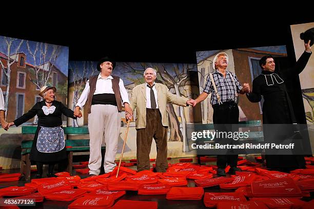 Actors Andree Damant, Actor and Stage Director of the piece Jean-Claude Baudracco, Michel Galabru, Bernard Larmande and Philippe Sablayrolles...