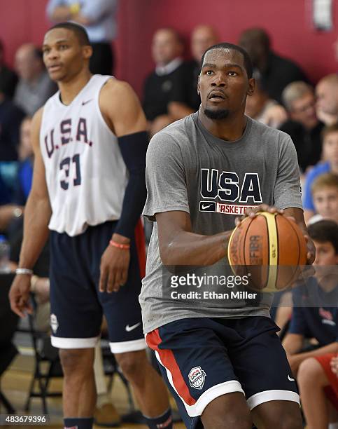 Kevin Durant and Russell Westbrook of the 2015 USA Basketball Men's National Team attend a practice session at the Mendenhall Center on August 11,...