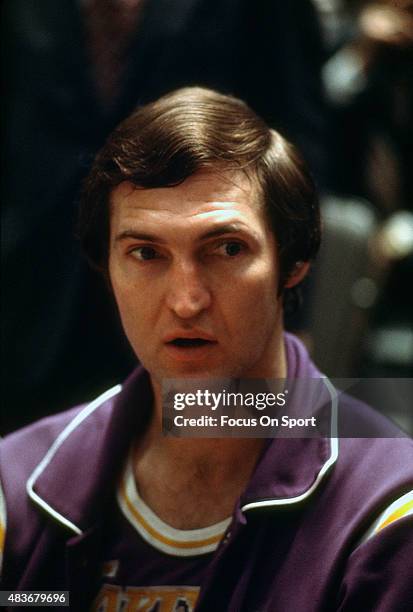 Jerry West of the Los Angeles Lakers looks on against the New York Knicks during an NBA basketball game circa 1969 at Madison Square Garden in the...