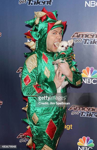 Magician/contestant Piff the Magic Dragon and Mr. Piffles attend the "America's Got Talent" season 10 pre-show red carpet at Radio City Music Hall on...