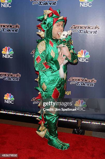 Magician/contestant Piff the Magic Dragon and Mr. Piffles attend the "America's Got Talent" season 10 pre-show red carpet at Radio City Music Hall on...