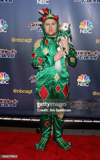 Magician/contestant Piff the Magic Dragon and Mr. Piffles attend the "America's Got Talent" season 10 pre-show red carpet at Radio City Music Hall on...