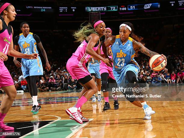 Cappie Pondexter of the Chicago Sky drives to the basket against Candice Wiggins of the New York Liberty on August 11, 2015 at Madison Square Garden,...