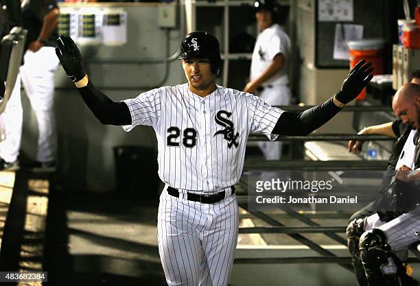 Trayce Thompson of the Chicago White Sox gets "imaginary high-fives" in the dugout as his teammates ignore him after hitting his first Major League...