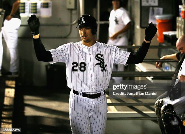 Trayce Thompson of the Chicago White Sox gets "imaginary high-fives" in the dugout as his teammates ignore him after hitting his first Major League...