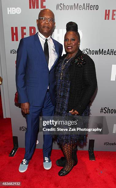 Samuel L. Jackson and Tanya Richardson Jackson attend 'Show Me A Hero' New York screening at The New York Times Center on August 11, 2015 in New York...