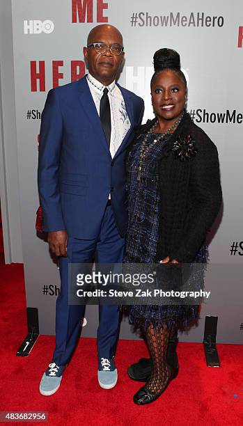 Samuel L. Jackson and Tanya Richardson Jackson attend 'Show Me A Hero' New York screening at The New York Times Center on August 11, 2015 in New York...