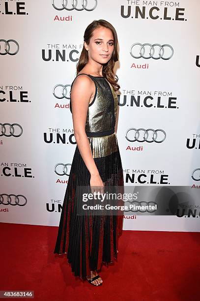Cast member Alicia Vikander attends the premiere of Warner Bros. Pictures' "The Man From U.N.C.L.E." at Scotiabank Theatre on August 11, 2015 in...