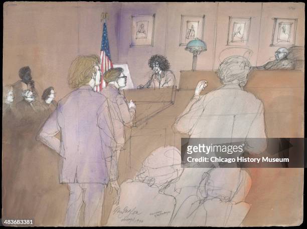Abbie Hoffman testifying about the Pentagon, in a courtroom illustration during the trial of the Chicago Eight, Chicago, Illinois, late 1969 or early...