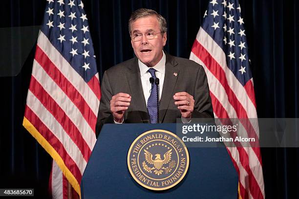 Republican presidential candidate Jeb Bush speaks at the Ronald Reagan Presidential Library August 11, 2015 in Simi Valley, California. Bush was...