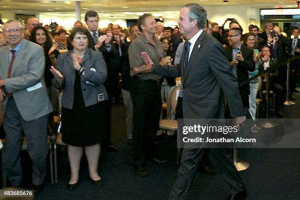 Republican presidential candidate Jeb Bush arrives to speak at the Ronald Reagan Presidential Library August 11, 2015 in Simi Valley, California....