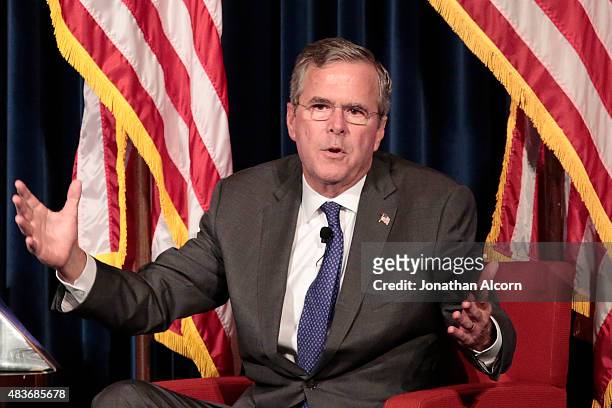 Republican presidential candidate Jeb Bush speaks at the Ronald Reagan Presidential Library August 11, 2015 in Simi Valley, California. Bush was...