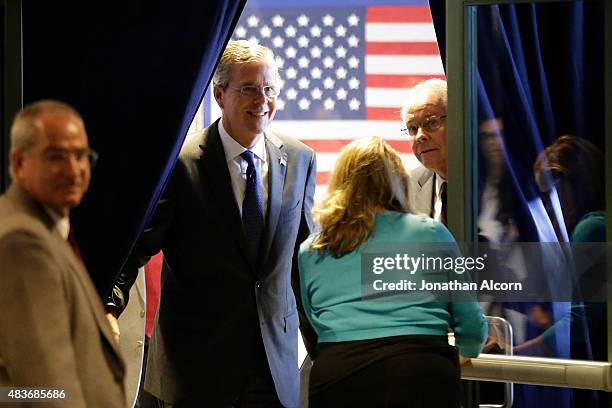 Republican presidential candidate Jeb Bush arrives to speak at the Ronald Reagan Presidential Library August 11, 2015 in Simi Valley, California....