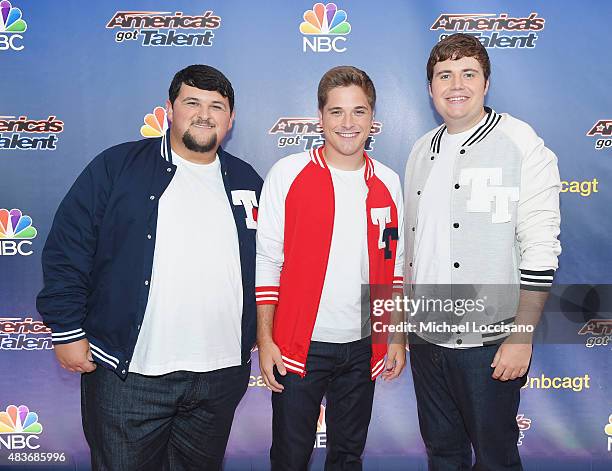 Contestants/singers Will Richey, Caleb Conrad and Tyler Davis of Triple Threat attend the "America's Got Talent" season 10 taping at Radio City Music...