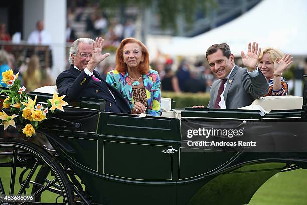 Toni Meggle with wife Marina Meggle, Nadine Capellmann and Michael Mronz attend the FEI European Championship 2015 media night on August 11, 2015 in...