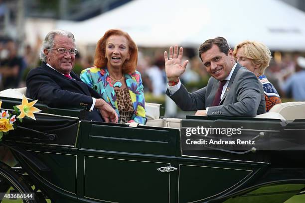 Toni Meggle with wife Marina Meggle, Nadine Capellmann and Michael Mronz attend the FEI European Championship 2015 media night on August 11, 2015 in...