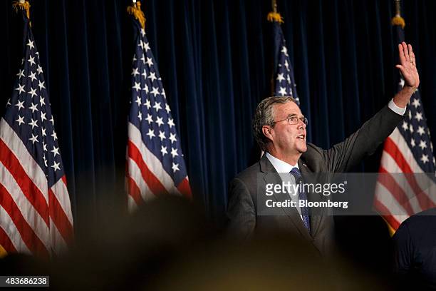 Jeb Bush, former governor of Florida and 2016 Republican presidential candidate, gestures as he speaks during an event at the Ronald Reagan...