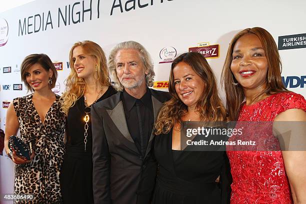 Hermann Buehlbecker , Jade Jagger and Valerie Campbell attend the FEI European Championship 2015 media night on August 11, 2015 in Aachen, Germany.