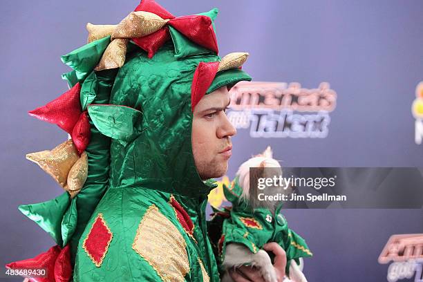 Magician/contestant Piff the Magic Dragon and Mr. Piffles attend the "America's Got Talent" season 10 pre-show red carpet at Radio City Music Hall on...