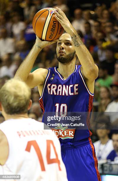 Evan Fournier of France in action during the international friendly basketball match between France and Russia in preparation of Euro Basket 2015 at...