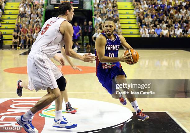 Evan Fournier of France in action during the international friendly basketball match between France and Russia in preparation of Euro Basket 2015 at...