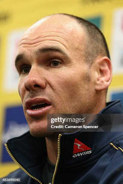 Wallabies assistant coach Nathan Grey talks during an Australian Wallabies press conference at Sydney Cricket Ground on August 12, 2015 in Sydney,...