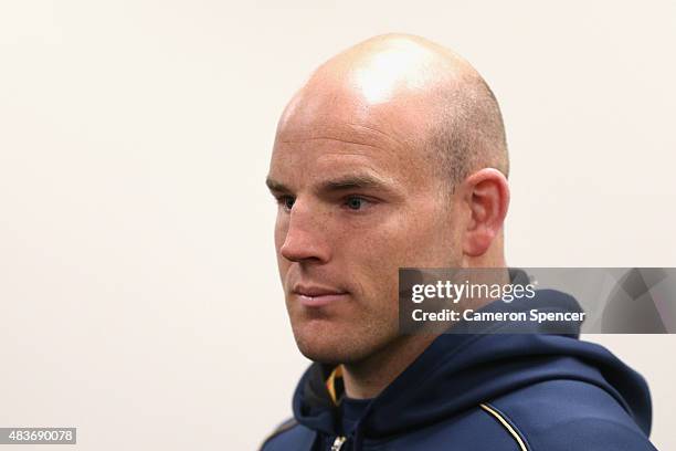 Wallabies captain Stephen Moore talks during an Australian Wallabies press conference at Sydney Cricket Ground on August 12, 2015 in Sydney,...