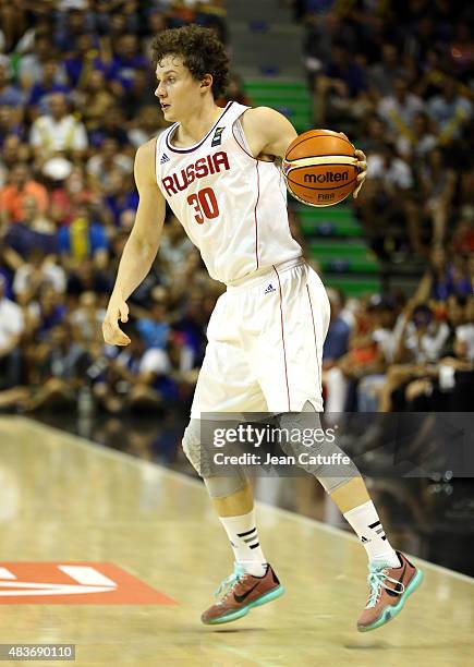 Mikhail Kulagin of Russia in action during the international friendly basketball match between France and Russia in preparation of Euro Basket 2015...
