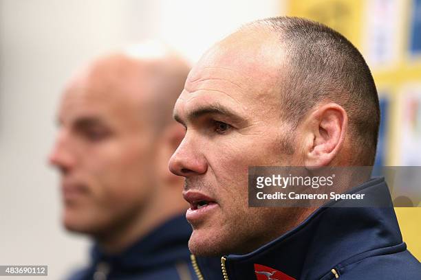 Wallabies assistant coach Nathan Grey talks during an Australian Wallabies press conference at Sydney Cricket Ground on August 12, 2015 in Sydney,...
