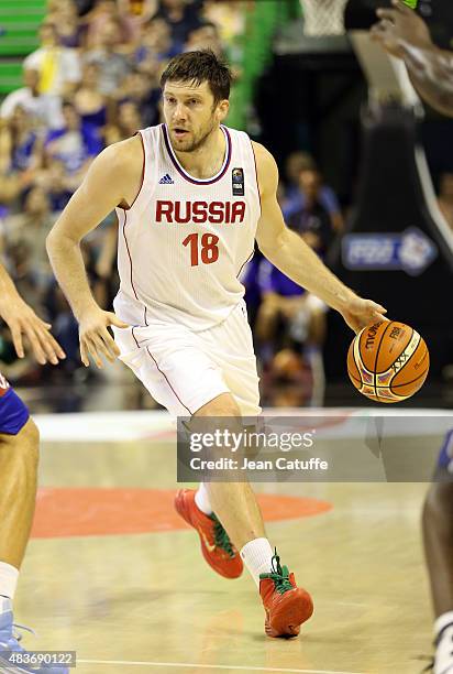 Evgeny Voronov of Russia in action during the international friendly basketball match between France and Russia in preparation of Euro Basket 2015 at...