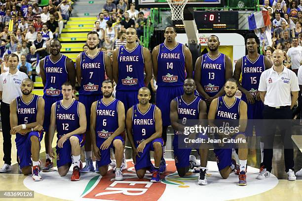 Team France poses before the international friendly basketball match between France and Russia in preparation of Euro Basket 2015 at Astroballe...