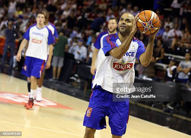 Tony Parker of France warms up before the international friendly basketball match between France and Russia in preparation of Euro Basket 2015 at...