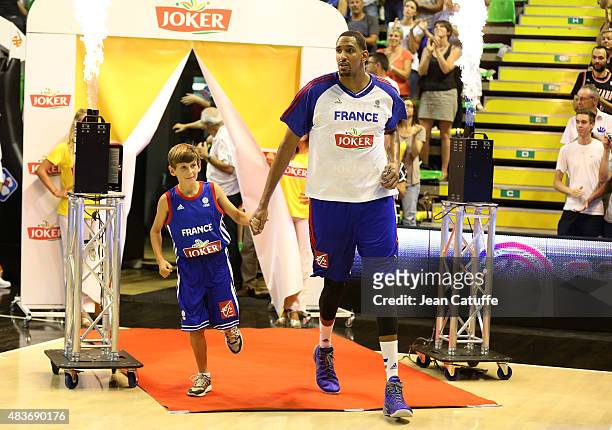 Alexis Ajinca of France enters the field before the international friendly basketball match between France and Russia in preparation of Euro Basket...
