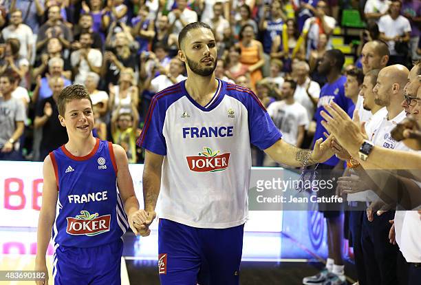 Evan Fournier of France enters the field before the international friendly basketball match between France and Russia in preparation of Euro Basket...