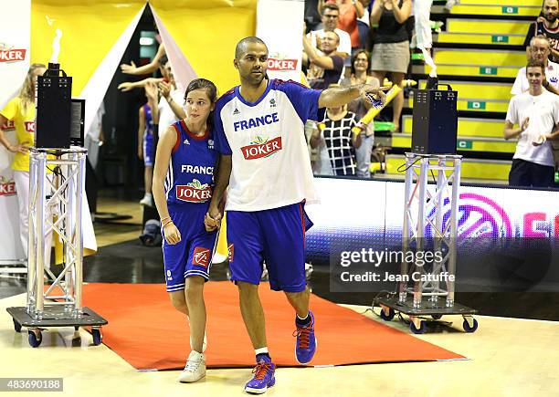 Tony Parker of France enters the field before the international friendly basketball match between France and Russia in preparation of Euro Basket...