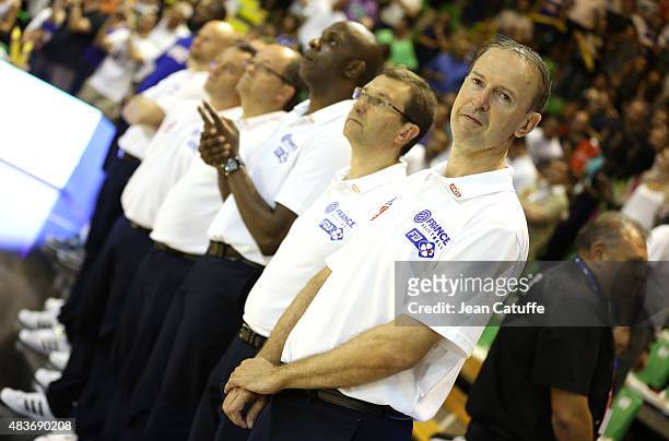 Head coach of France Vincent Collet looks on before the international friendly basketball match between France and Russia in preparation of Euro...