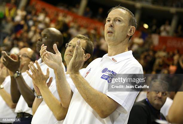 Head coach of France Vincent Collet looks on before the international friendly basketball match between France and Russia in preparation of Euro...