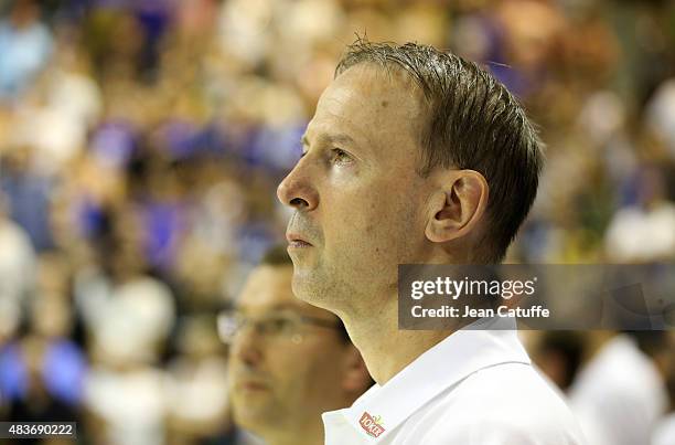 Head coach of France Vincent Collet looks on before the international friendly basketball match between France and Russia in preparation of Euro...