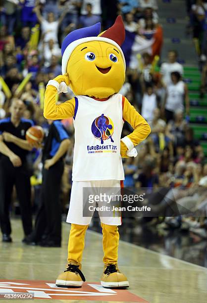 Frencky the Fireball, mascot of Euro Basket 2015 warms up the audience during the international friendly basketball match between France and Russia...
