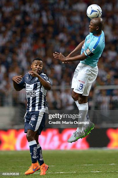 Aquivaldo Mosquera of Pachuca heads the ball during a 4th round match between Monterrey and Pachuca as part of the Apertura 2015 Liga MX at BBVA...