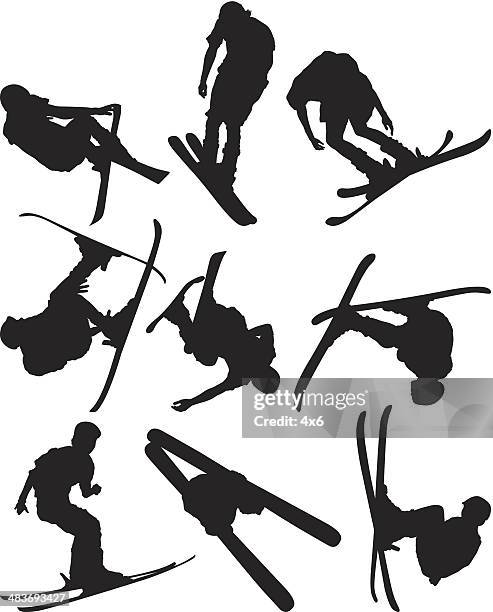 skiers in action - skier jumping stock illustrations