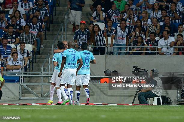 Ruben Botta of Pachuca celebrates with teammates after scoring his team's second goal during a 4th round match between Monterrey and Pachuca as part...