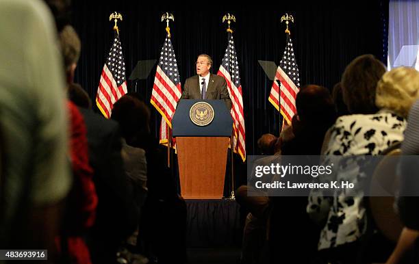 Republican presidential candidate Jeb Bush speaks at the Ronald Reagan Presidential Library August 11, 2015 in Simi Valley, California. Bush was...