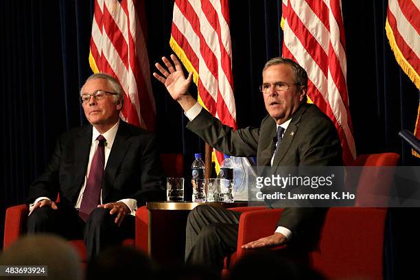 Republican presidential candidate Jeb Bush takes part in a Q&A session following his speech at the Ronald Reagan Presidential Library August 11, 2015...