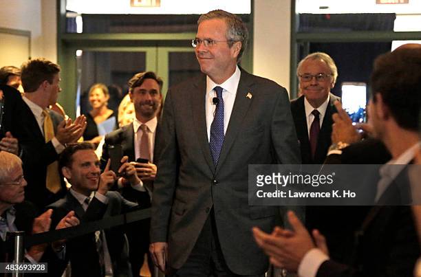 Republican presidential candidate Jeb Bush arrives to give a speech at the Ronald Reagan Presidential Library August 11, 2015 in Simi Valley,...