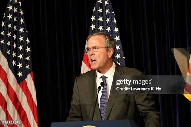 Republican presidential candidate Jeb Bush speaks at the Ronald Reagan Presidential Library August 11, 2015 in Simi Valley, California. Bush was...